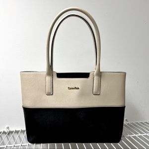 Calvin Klein Two-Toned Leather Shoulder Bag - Beige/Black